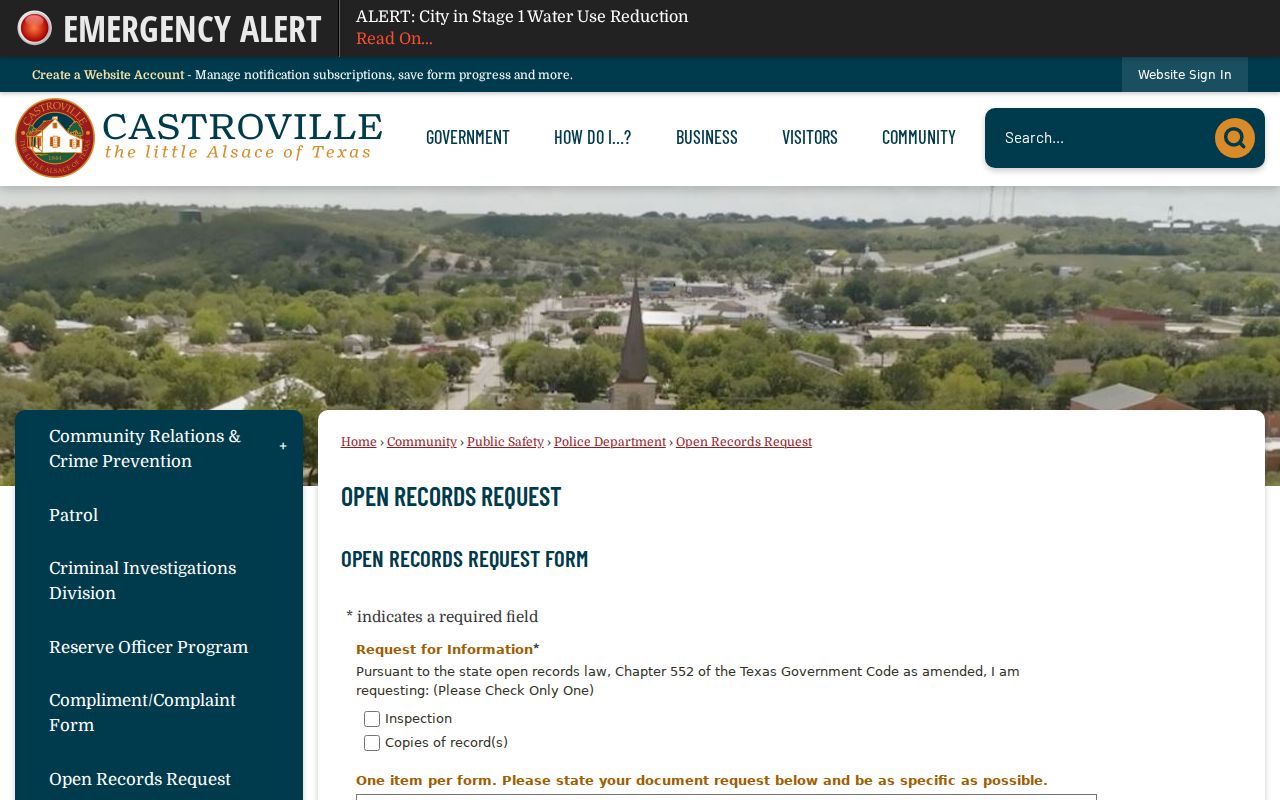 Castroville Medina County criminal history open records request form