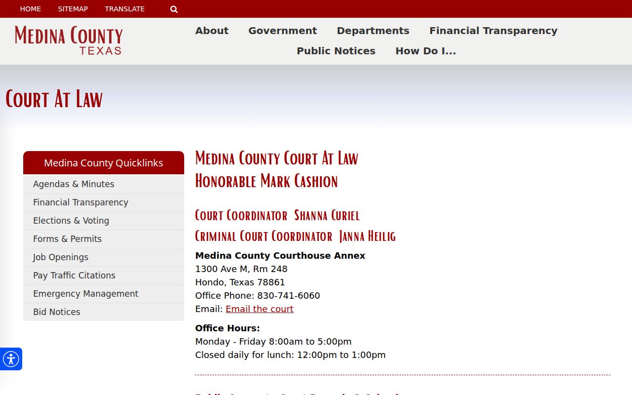 Medina County Court at Law criminal case calendar access
