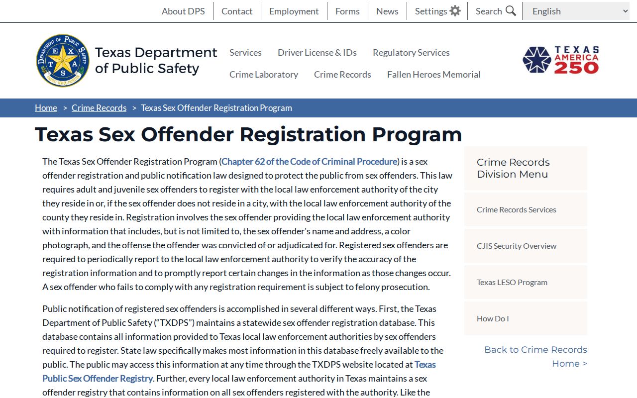 Texas DPS registration program for Medina County sex offender records