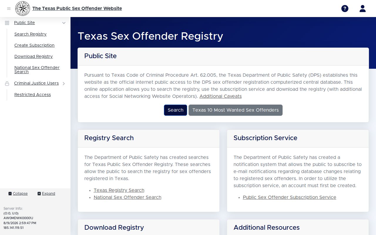 Medina County sex offender check on the Texas DPS registry landing page
